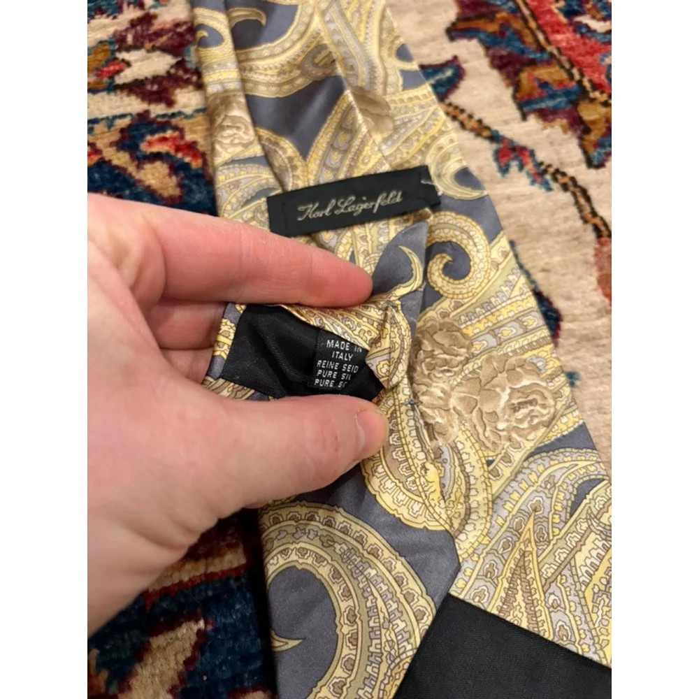 Karl Lagerfeld Italy Silk Tie Gray Gold Baroque Paisley Vintage Designer